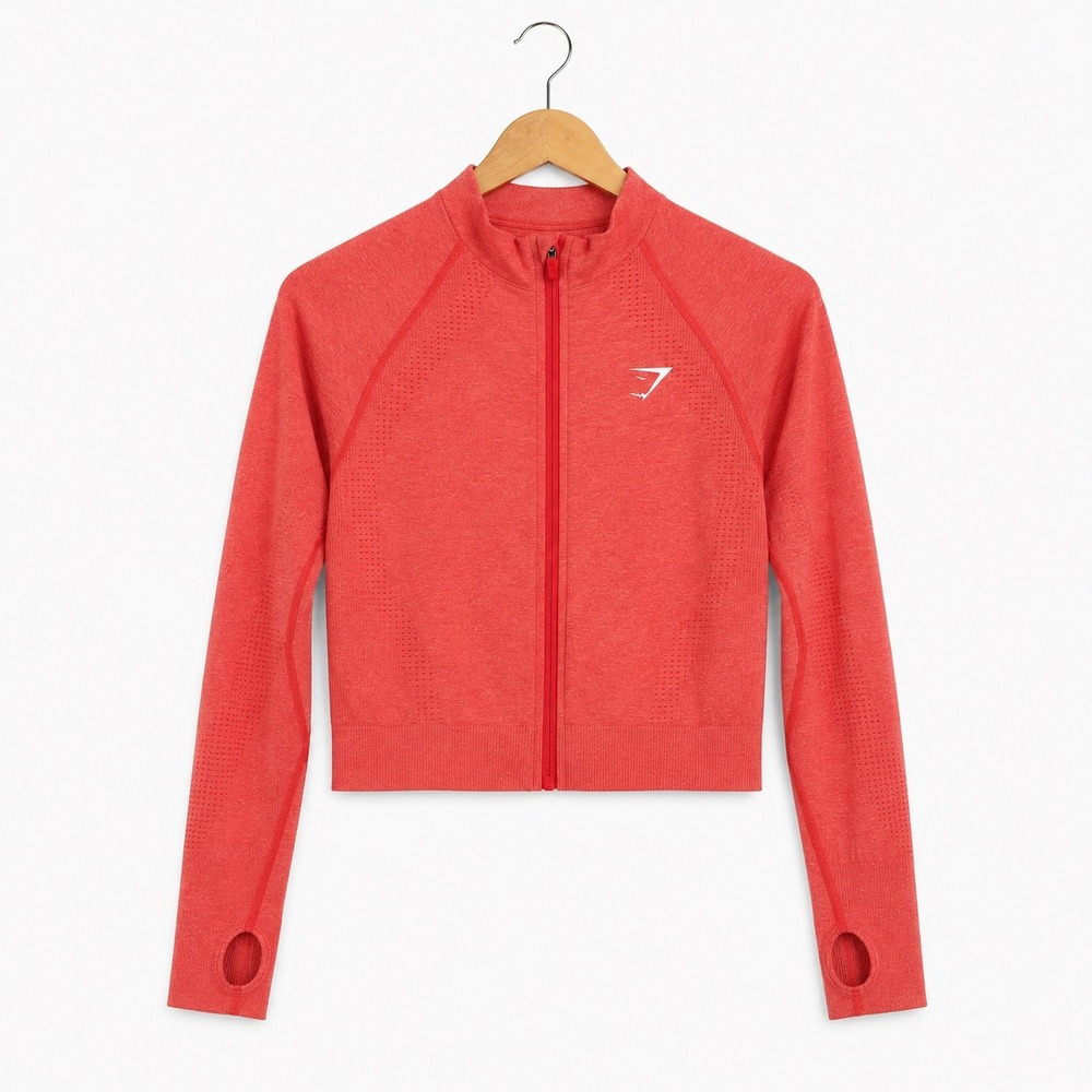 Gymshark Energy+ Seamless Full Zip Crop Top Red Marl Thumbholes Small
